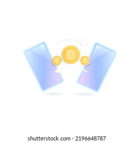 Vector illustration of two phones and bitcoins isolated on white background. Concept of digital transaction, money transfer.