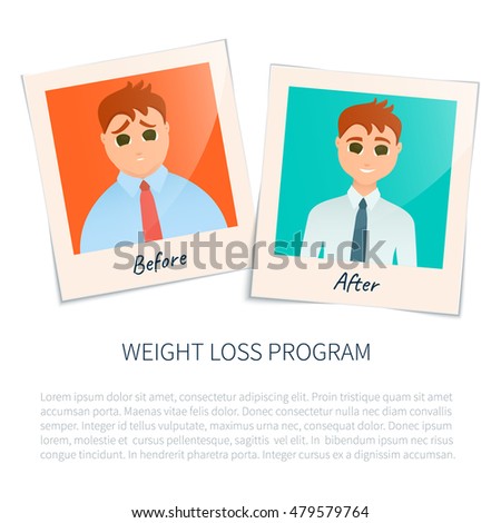 Vector illustration of two photographs of a man before and after weight loss. Ideal body symbol. Successful diet concept. Perfect for fitness gyms and health magazines.