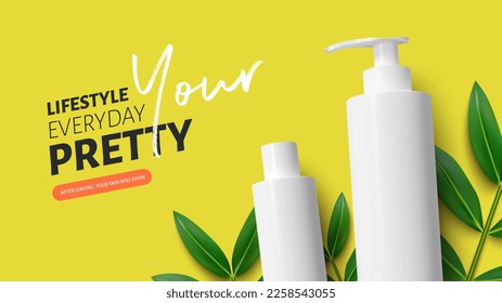 Vector illustration of two photorealistic white plastic bottles with green plant stems on a yellow background banner concept eps