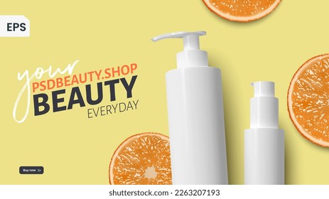 Vector illustration of two photorealistic white plastic bottles  background banner concept with orange fruit slices on a yellow 