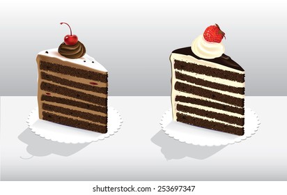 Vector illustration of two pieces of cakes decorated with berries