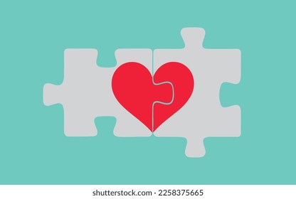 ilustración vectorial dos piezas de un rompecabezas formando un corazón, representando la idea de que el amor es una cuestión de dos, en un fondo degradado verde. espacio de copia