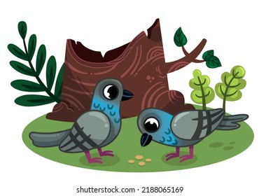 Vector illustration of two pigeons in nature.