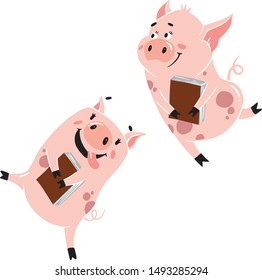 Vector illustration of
two pigs hugging a book. Isolated on white. Cartoon style illustration. Can be used for children's books, posters and invitations, as a logo.