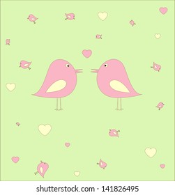 Vector illustration of two pink birds in love with little pink birds and hearts at the light green background