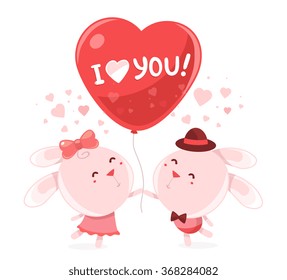 Vector illustration of two pink bunny holding big red balloon with the word love on white background. Art design for Valentine's Day greetings and card, web, banner, poster, flyer, brochure, print.  