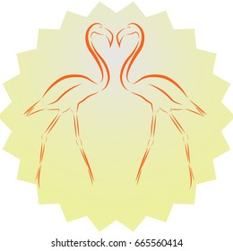 Vector illustration of two pink flamingos staring at each other in full growth on a light yellow star background with lots of short rays with a gradient.