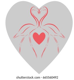 Vector illustration of two pink flamingos touching beaks with a pink heart between their legs against the background of a big gray heart, as a symbol of love and fidelity