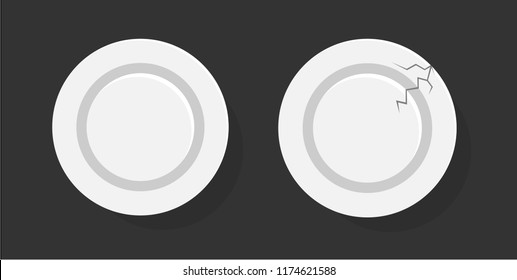 Vector illustration of two plates. Isolated 
One broken and one unbroken empty round white plate