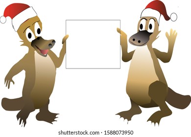 vector illustration of two platypus holding a sign for Christmas