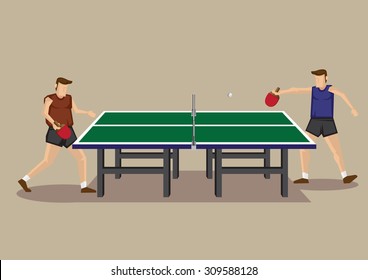 Vector illustration of two players playing table tennis game at green table tennis table in side view isolated on neutral background.