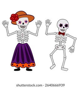 Vector illustration of two playful Day of the Dead skeletons, a female in a purple dress and a male with a bow tie, both with floral eye decorations, ideal for festive designs.