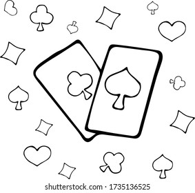 Vector Abbildung von zwei Spielkarten, die sich auf dem Hintergrund von Symbolen von Kartenanzügen im Doodle-Stil überschneiden.