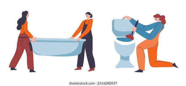 Vector illustration of two plumbers carrying and installing a bathtub. The image is in flat style, isolated on a white background. Suitable for bathroom installation, plumbing, and maintenance