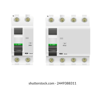 Ilustración vectorial de un disyuntor de corriente residual de dos polos y cuatro polos
