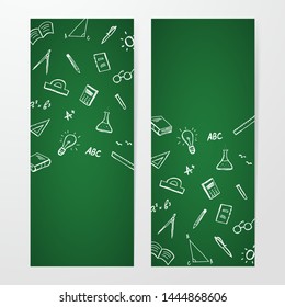 Vector illustration: Two poster with hand drawn set of doddles supplies on chalkboard background