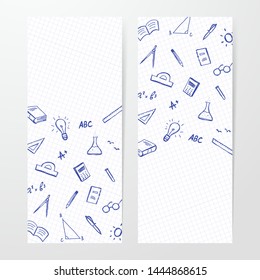 Vector illustration: Two poster with hand drawn set of doddles supplies on sheet of exercise book background
