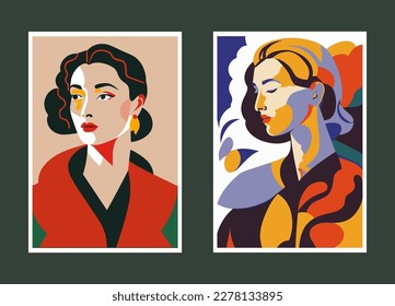 Ilustración vectorial de dos afiches con un retrato de una mujer hermosa. cartel de impresión de arte mural