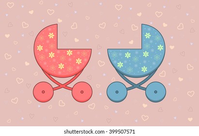 Vector illustration of two prams on pink background with hearts