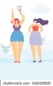 Vector Illustration Two Pretty Cartoon Women Standing on Floral Copy Space Flat Poster Girl Holding Female Sign Fight for Womens Rights Feminism Equality Concept Provocative Banner Motivation Template