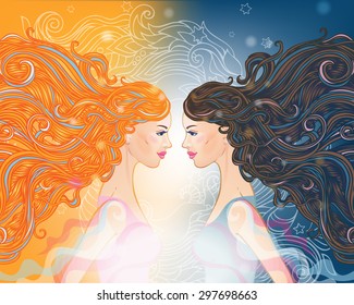 Vector illustration of two pretty girls with long fluttering hair. 