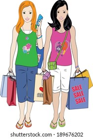 A vector illustration of two pretty young girls walking carrying shopping bags, a purse and a phone.