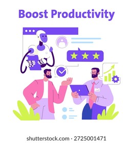 Vector illustration of two professionals discussing productivity with a robot assistant. The scene includes digital tools, charts, and star ratings representing success and growth.