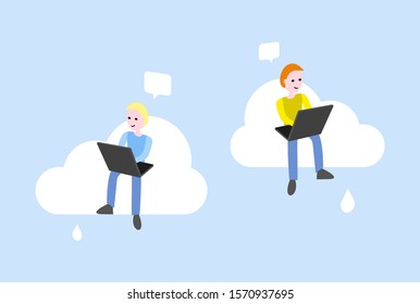Vector illustration of two programmers. Web site development. Teamwork concept. Social networks. Programmers, SMM, developers, managers. Search for a solution. Color bright illustration with people.