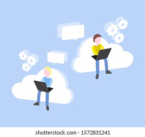Vector illustration of two programmers. Web site development. Teamwork concept. Social networks. Programmers, SMM, developers, managers. Search for a solution. Color bright illustration with people.