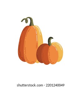 Vector illustration with two pumpkins in simple flat style. Hand drawn clipart in warm autumn colors.