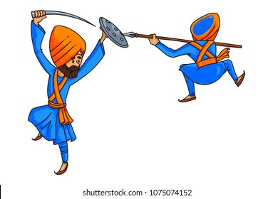 A Vector Illustration Of Two  Punjabi Sardar Man Performing Gatka