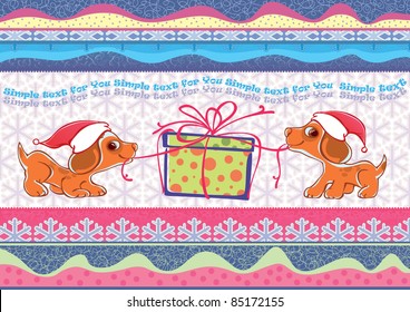 Vector illustration of two puppies. Unleashing a Christmas gift. New Year's greeting card with a pattern.