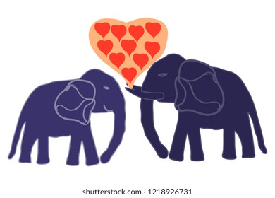 Vector illustration of two purple elephants and hearts on a white background, handmade, artistic. Cute greeting card design, valentines day, horizontal.