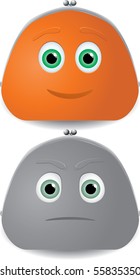 Vector illustration of two purses characters with faces. One of them colorfull, orange, happy, full of money. Other - greyscale, sad, poor.