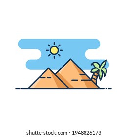 Vector illustration of two pyramids with coconut trees. Two pyramids isolated on white background. Flat with line art design.