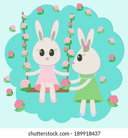 Vector illustration of two rabbits swinging 