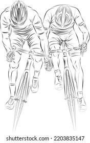 Vector illustration of two racing cyclists riding side by side, viewed from the front in a dynamic sprint position. White line art on white background. Emphasizes power, motion, competition
