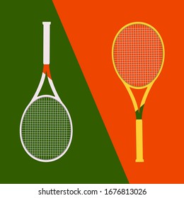 Vector illustration with two rackets. White and yellow tennis rackets on a red and green diagonal background. Concept for cover, poster, sports article, brochure, banner.