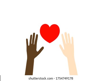 Vector illustration of two raised hands of African black and Caucasian white skin color united by heart. Symbol of equality unity partnership peace help support. Social political poster banner