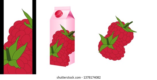Vector illustration of two raspberries, framed in close-up to decorate a fruit juice packaging.