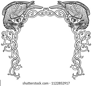 Vector illustration of two ravens gothic Celtic knot frame black and white 