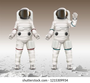 Vector illustration of two realistic astronauts wearing space suits and walk exploring mars or stand on moon surface. Spaceman waving hand isolated on background