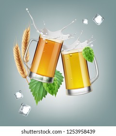 Vector Illustration Of Two Realistic Glass Mugs Of Beer With Ingredients: Wheat And Hops. Ale And Lager With Foam Splash Isolated On Background With Ice Cubes