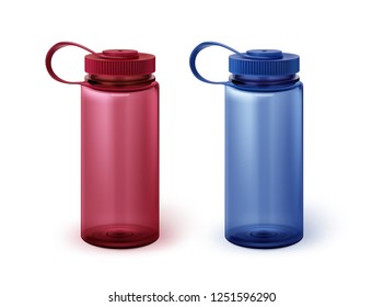 Vector illustration of two realistic plastic sport water bottles in red and blue colors isolated on white background