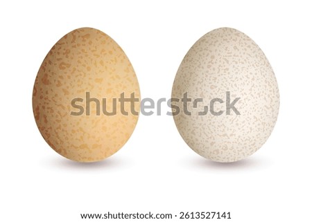 Vector illustration of two realistic speckled bird eggs, one brown and one beige, with soft shadows on white background. Perfect for natural designs, Easter themes, farming and wildlife projects.