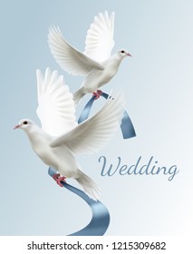 Vector illustration of two realistic white doves with blue ribbon isolated on background. Concept of wedding invitation with space for text