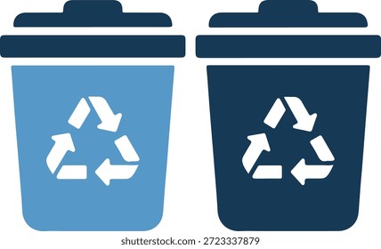 Ilustração vetorial de duas lixeiras em cores azul escuro e azul claro contrastantes com símbolos de reciclagem, representando sustentabilidade e sustentabilidade ecológica