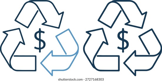Ilustração vetorial de dois símbolos de reciclagem com sinais de dólar, um com acentos de azul claro, em um fundo branco puro