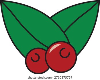 Ilustración vectorial de dos bayas rojas con tres hojas verdes, con reflejos brillantes y contornos negros. Ideal para decoración navideña, íconos de la naturaleza, marca de alimentos y Elementos de diseño minimalistas.