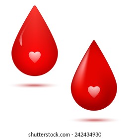 vector illustration of two red blood drops. with heart symbol. isolated on white